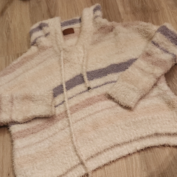 POL Tops - POL Cream Fuzzy Hoodie with Lavender and Blush Stripes